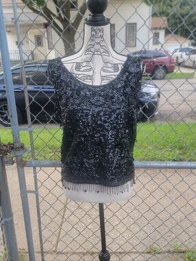 Vintage 1960s Alexander’s Black Beaded Sequin Wool Top Fringe Hong Kong L